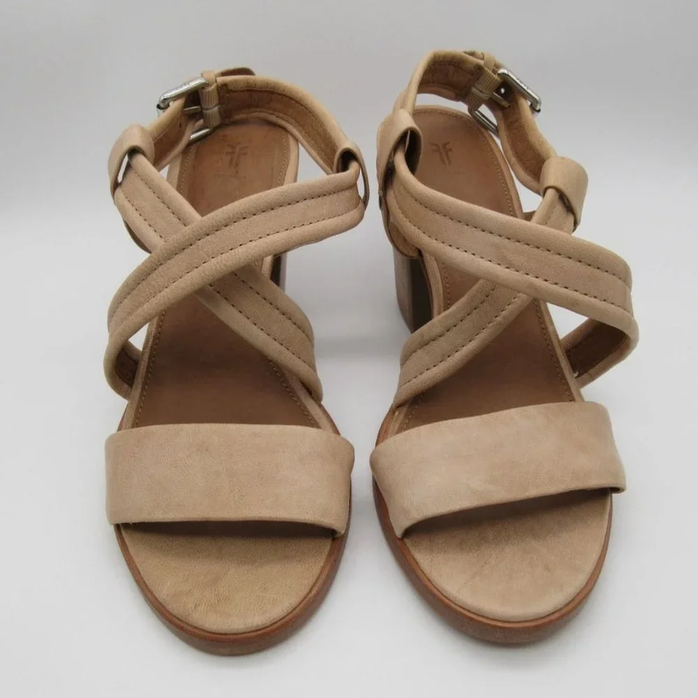 FRYE women's Dani cream leather cross strap‎ stacked heel sandals 10